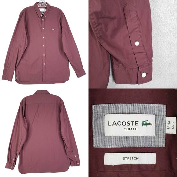 Lacoste Men's Casual Button Down Shirt - Burgundy - Picture 1 of 10
